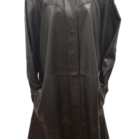 Women’s 7/8th Classy Long Black Leather Swing Coat PLUS SIZE AVAILABLE - Picture 3 of 6